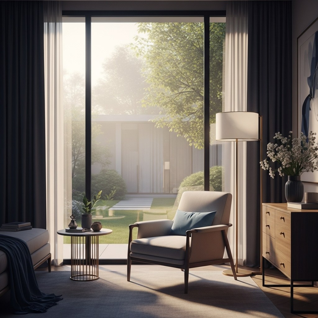 Ambiente interno confortável e moderno, representando uma unidade de alto padrão